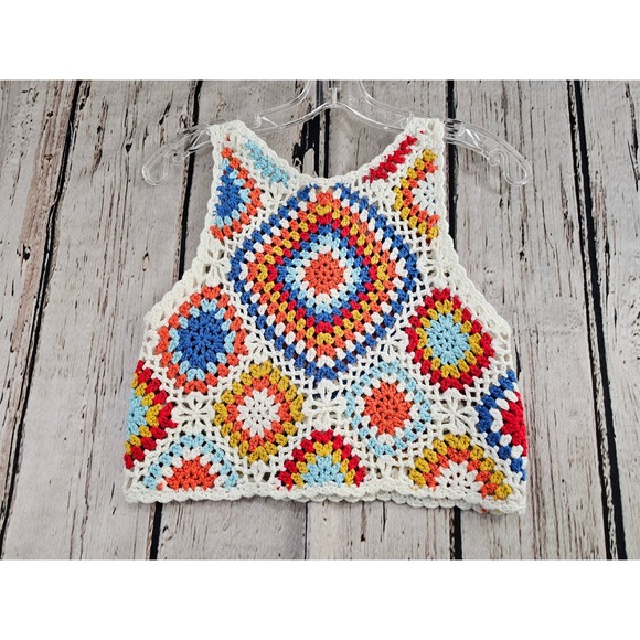 Womens Crop Crochet Granny Square Tank Top Multi Color Boho Festival Hippie EUC - Picture 2 of 5